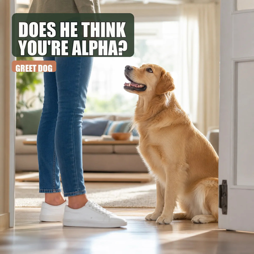 Dog looking up at owner with curiosity in a bright home setting