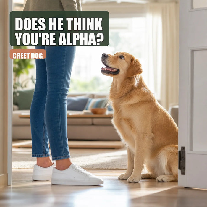 Dog looking up at owner with curiosity in a bright home setting