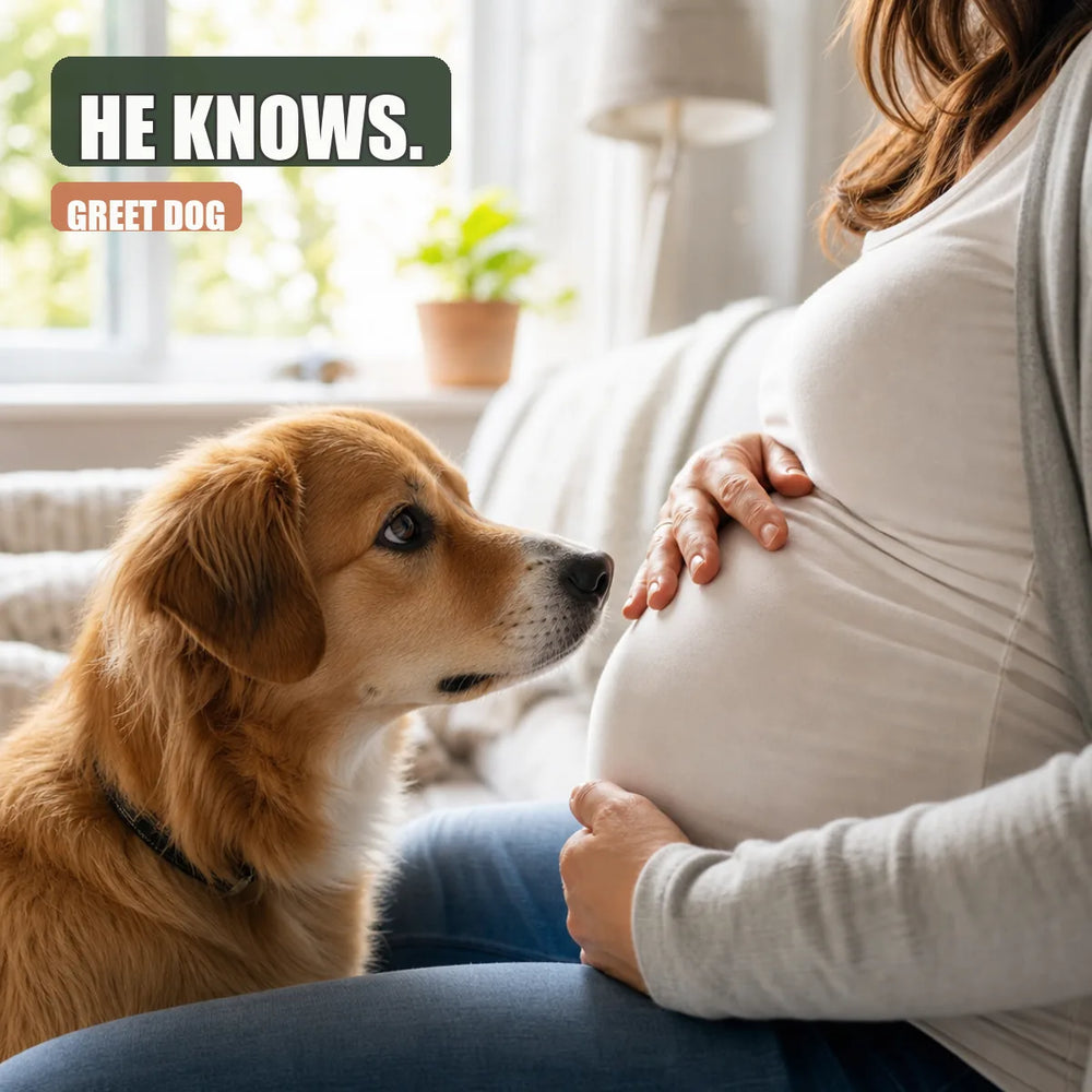 Dog staring at pregnant woman's belly in bright living room