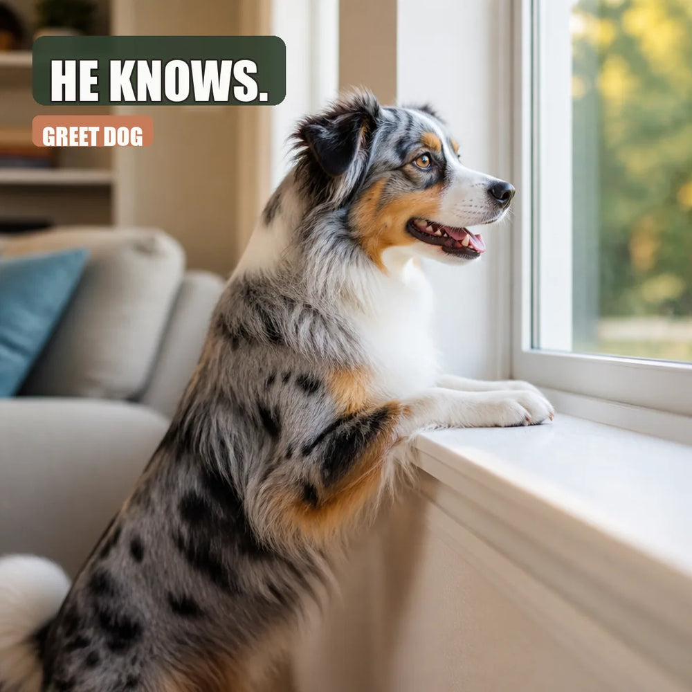 Dog looking out the window waiting for owner to return home