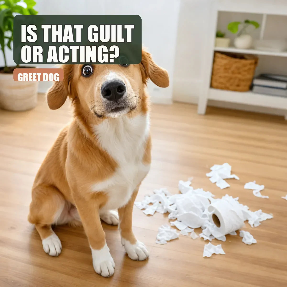 Dog with a guilty look sitting by a chewed tissue mess in daylight