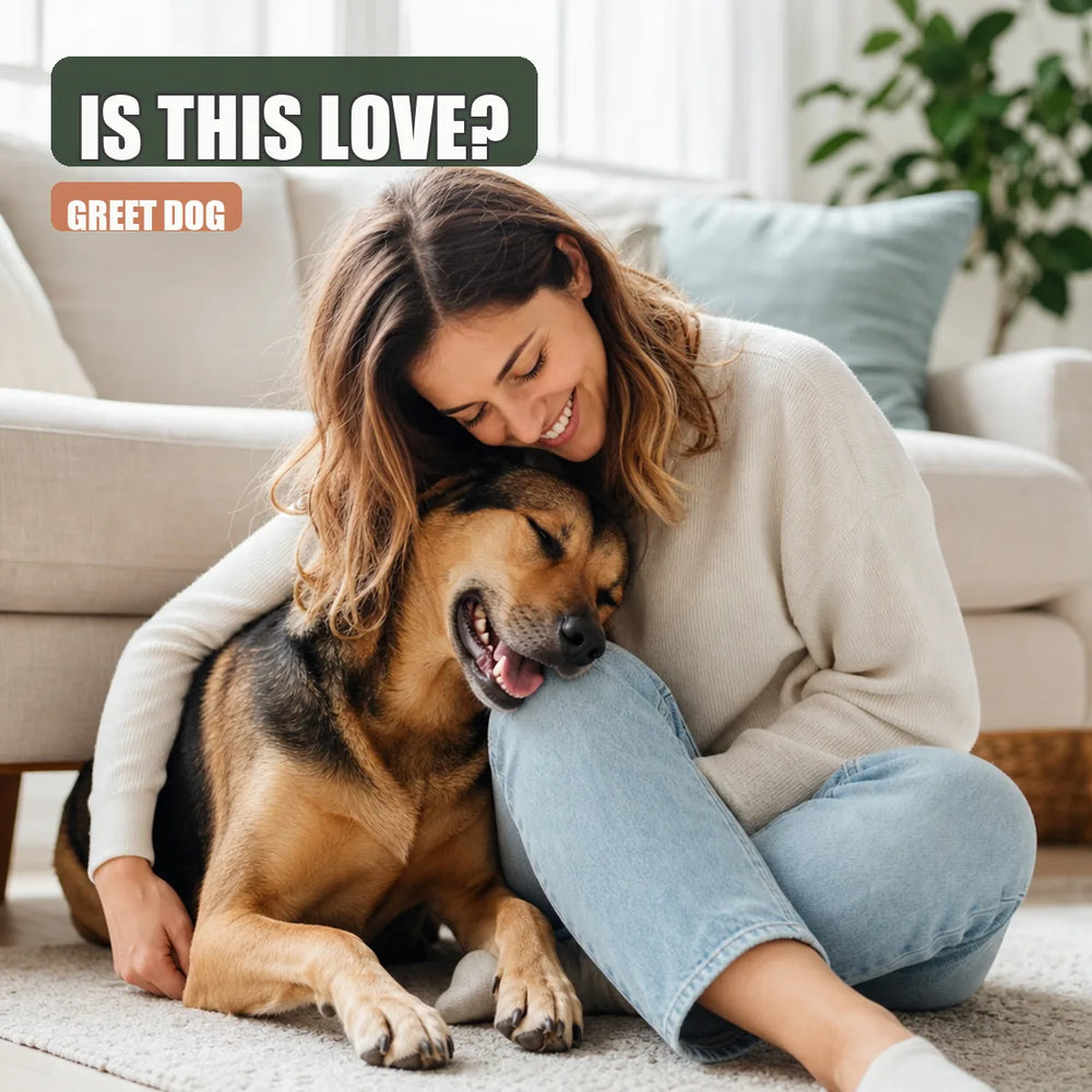 Dog pressing head into owner's lap, showing affection in living room