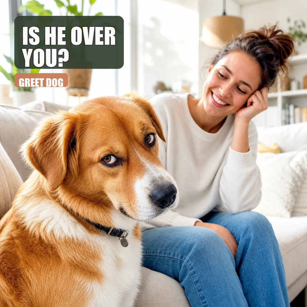 Dog with bored expression sitting next to smiling person on sunlight-filled couch