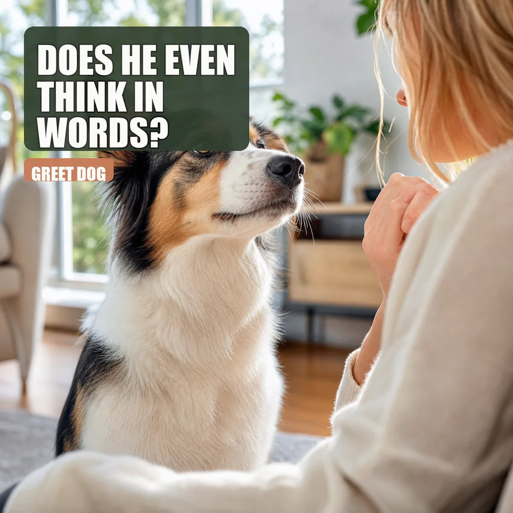 Curious dog staring at owner in bright sunlit room