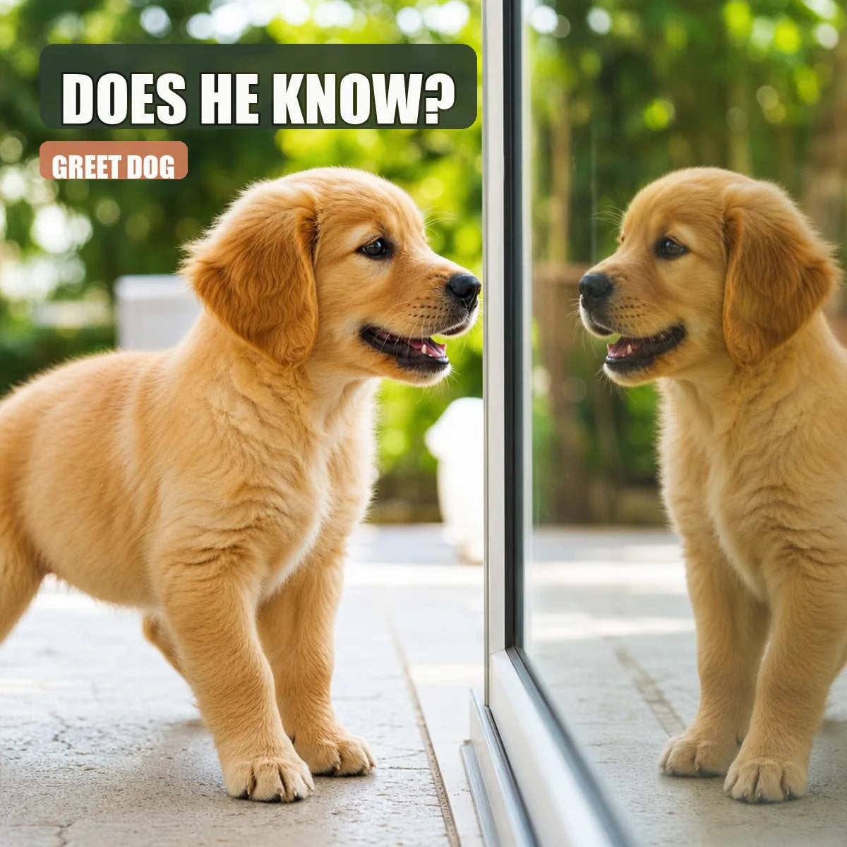 Curious dog looking at its reflection in daylight, exploring dog identity