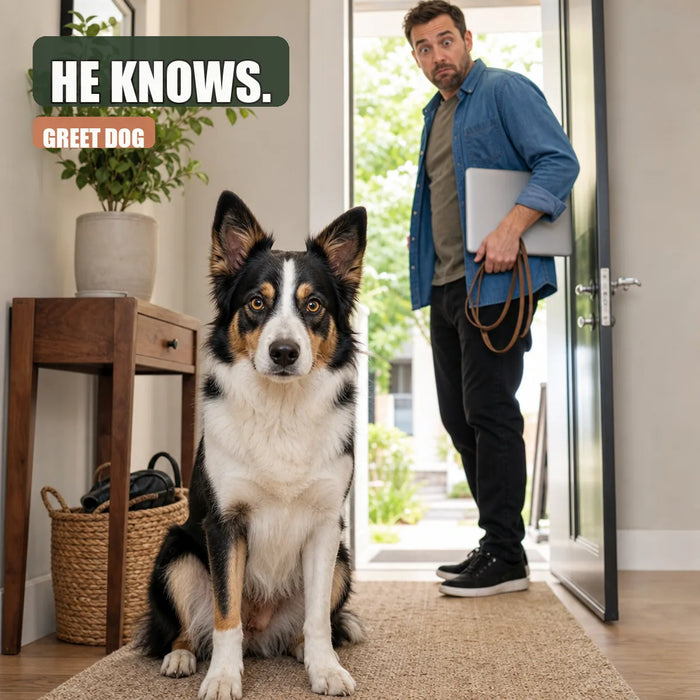 Dog staring at human who is holding a leash and a laptop, looking suspicious