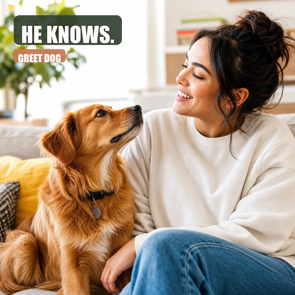 Dog looking at sick owner on couch, curious expression