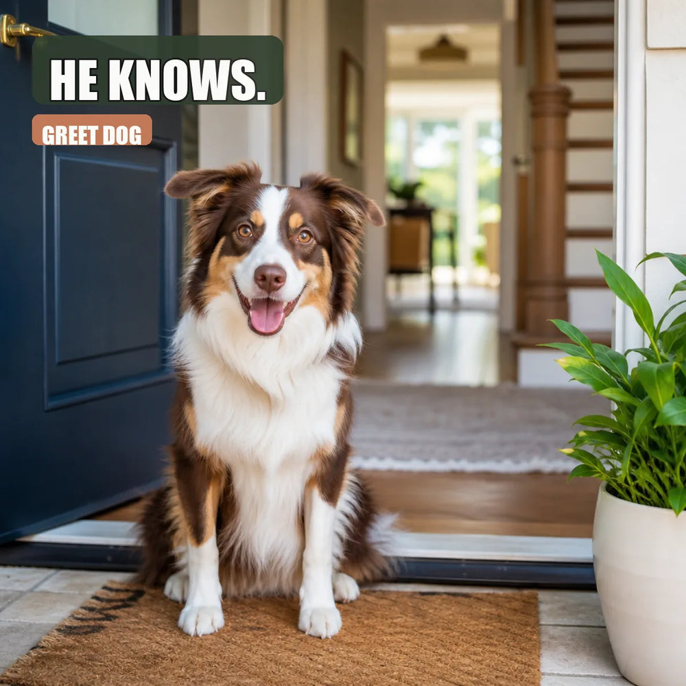 Dog waiting by door with hopeful expression in bright natural light