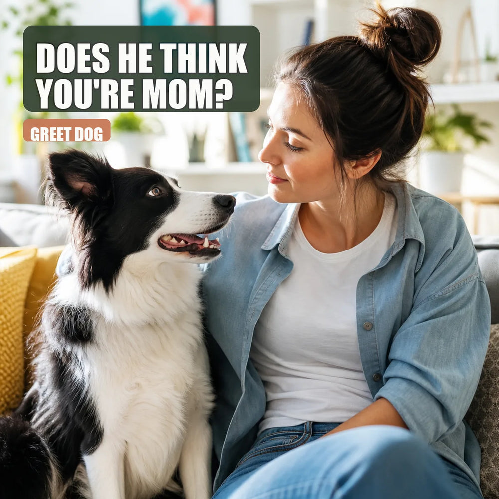 Dog gazing up at human on sofa showing emotional connection in bright daylit room