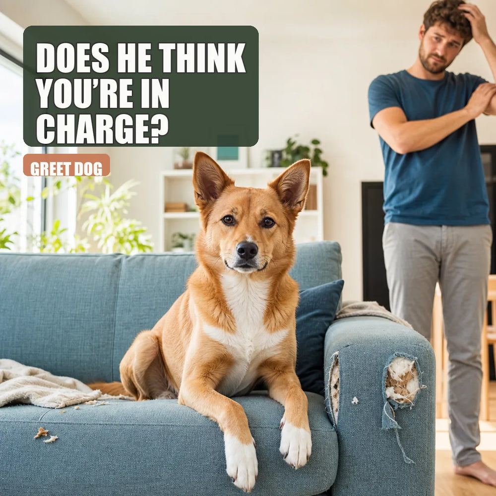 Dog sitting in the middle of couch watching owner, showing dog dominance behavior