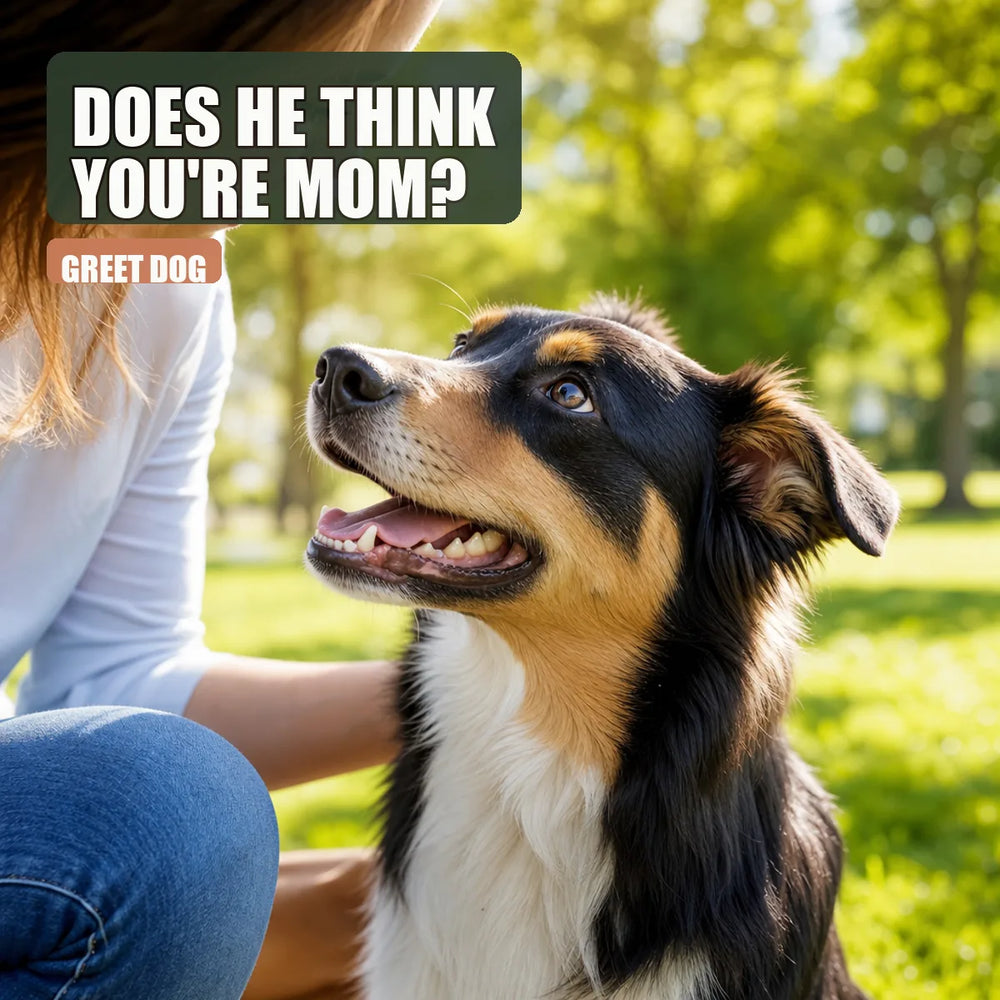 Curious dog looking up at owner on green grass