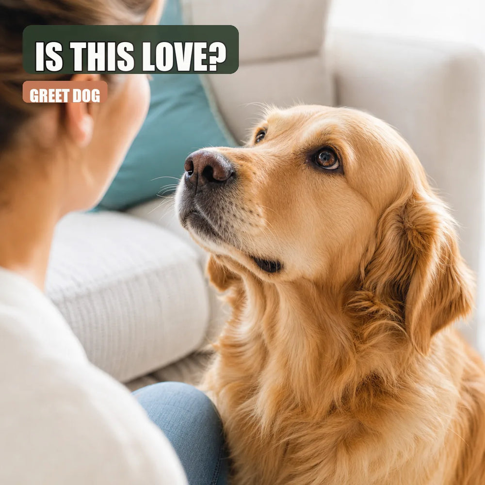 Dog staring with deep devotion at owner in daylight living room