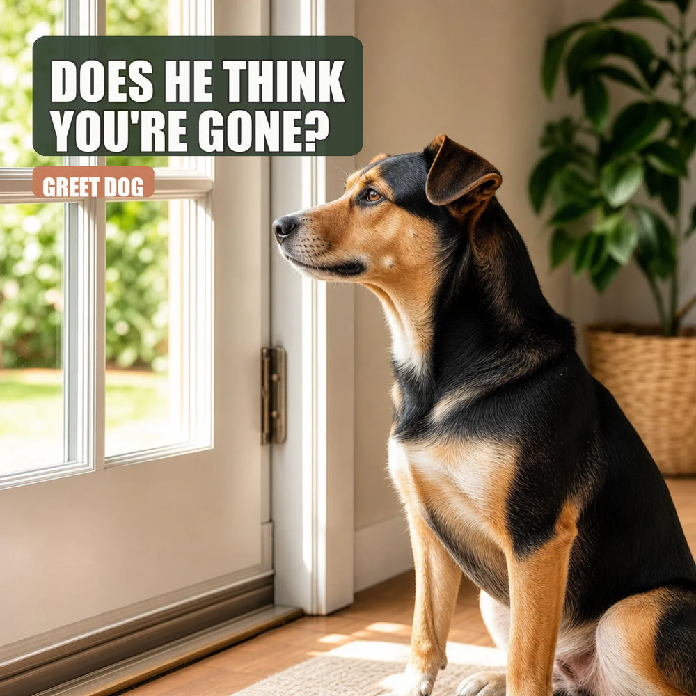 Dog looking out the window by the door, waiting for owner