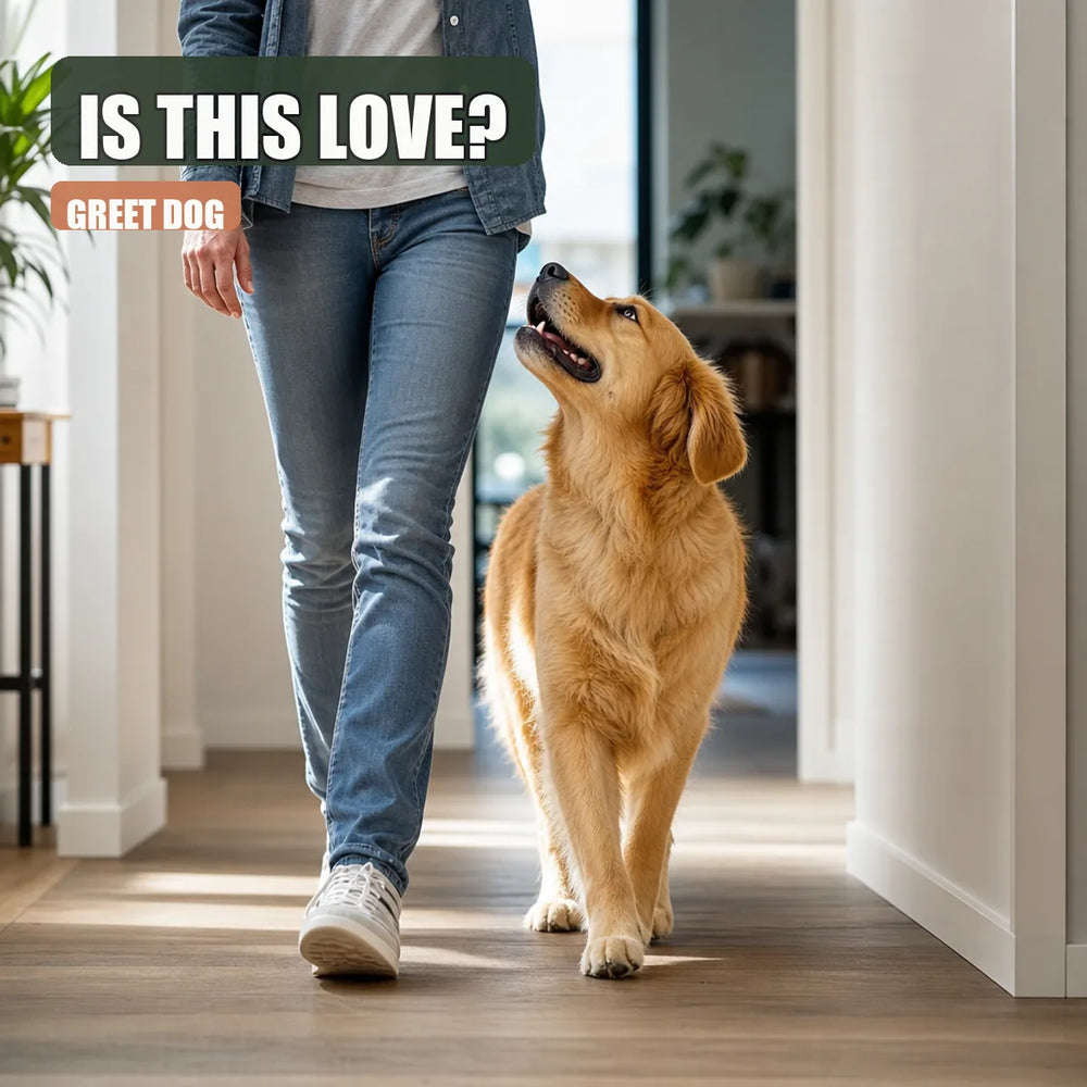 dog following owner in hallway, daylight, curious expression