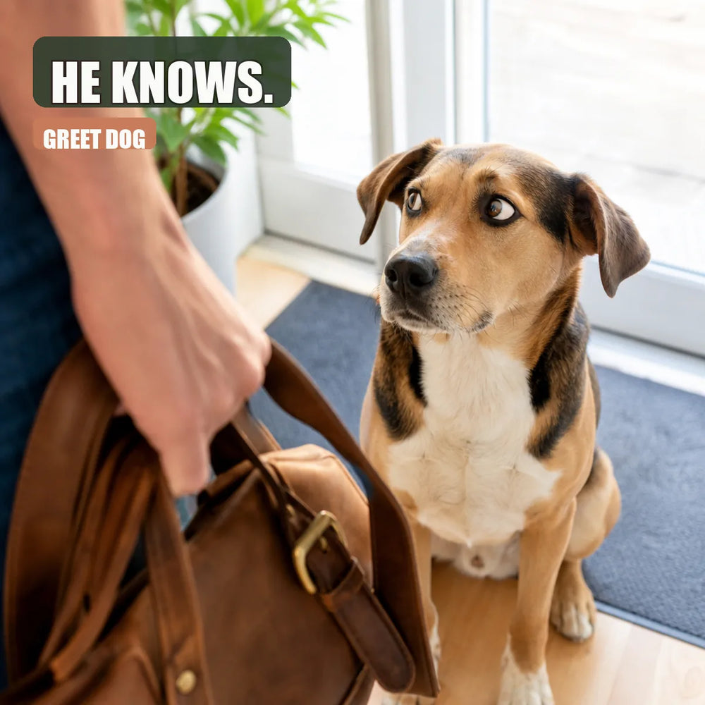 Dog suspiciously watching owner leave with bag