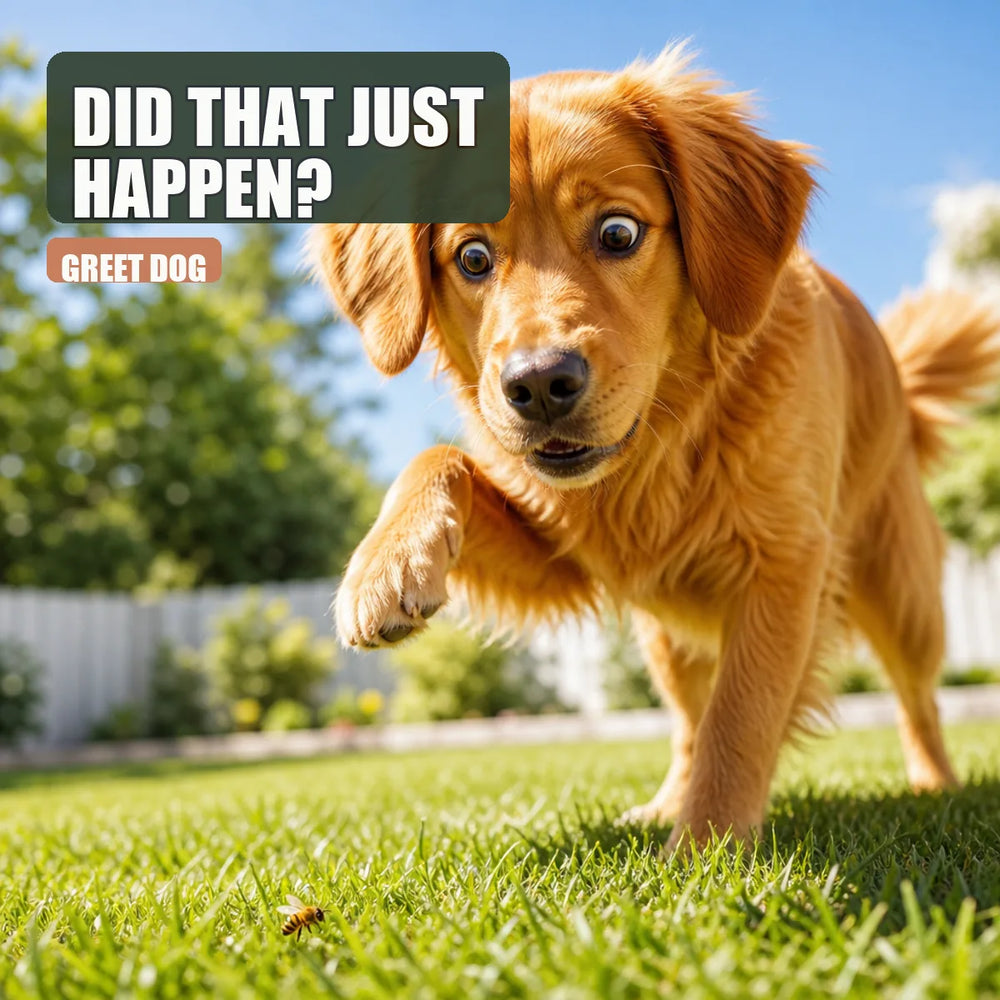 Dog lifting paw after bee sting in grass