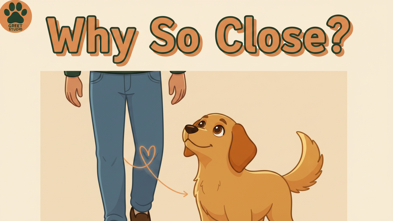 Milo the dog following closely behind owner's legs with a glowing heart connecting them