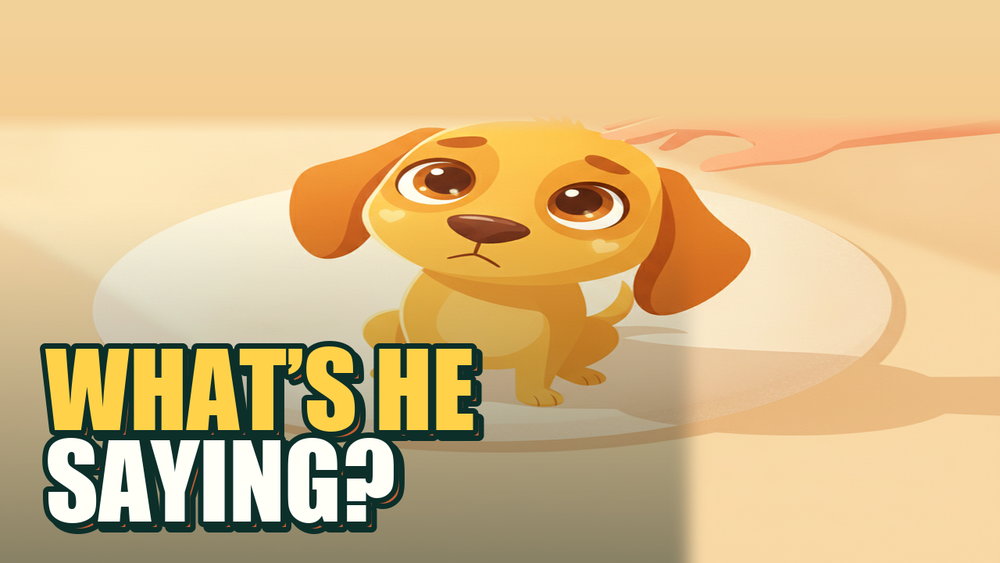 A golden-yellow dog with soulful eyes sits on a cream rug, gazing up at its owner in warm sunlight.