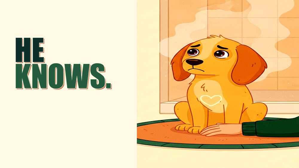 A golden dog with soulful eyes sits beside its owner on a bathroom mat, with steam and cream tiles in the background, and a heart-shaped glow between them.