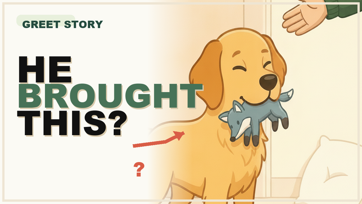 Cartoon golden retriever gently placing a plush toy in owner's lap, owner with a tear, white background, heart glow.