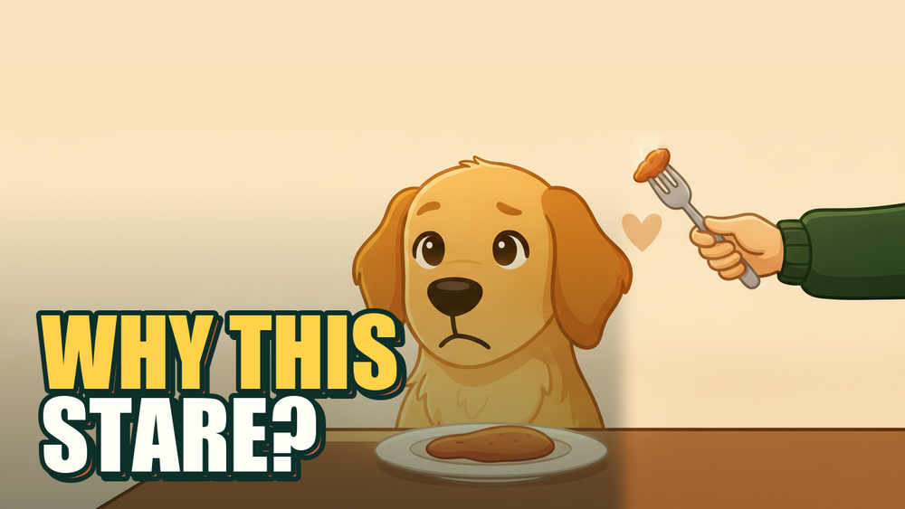 Golden dog with soulful eyes watching owner eat at kitchen table, heart-shaped glow between them.