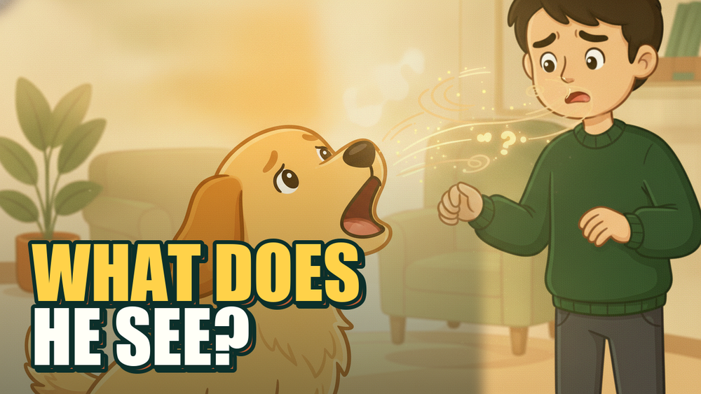 Golden retriever barking at empty air in a cozy living room while owner looks on, cartoon swirl in focus.