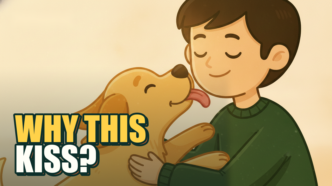 Cartoon golden retriever Milo licking owner's cheek with loving eyes on a cream background, text reads 'Why This Kiss?'