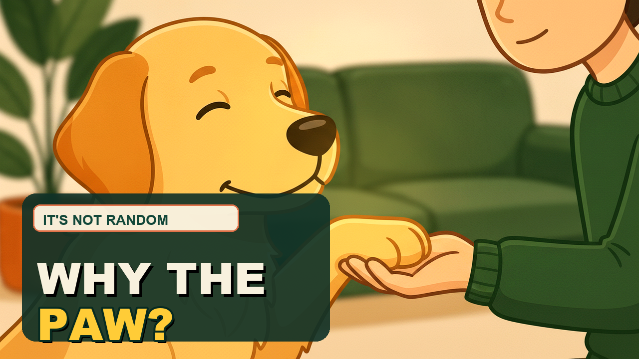 Milo the golden dog gently placing his paw on a human hand with warm eye contact and a subtle heart glow.
