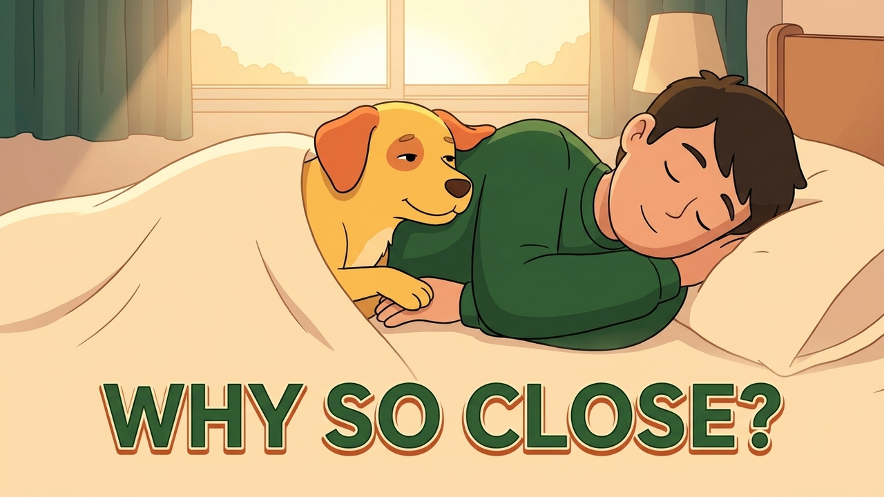 Dog curled up close to owner in bed, both gently touching, warm and cozy nighttime scene