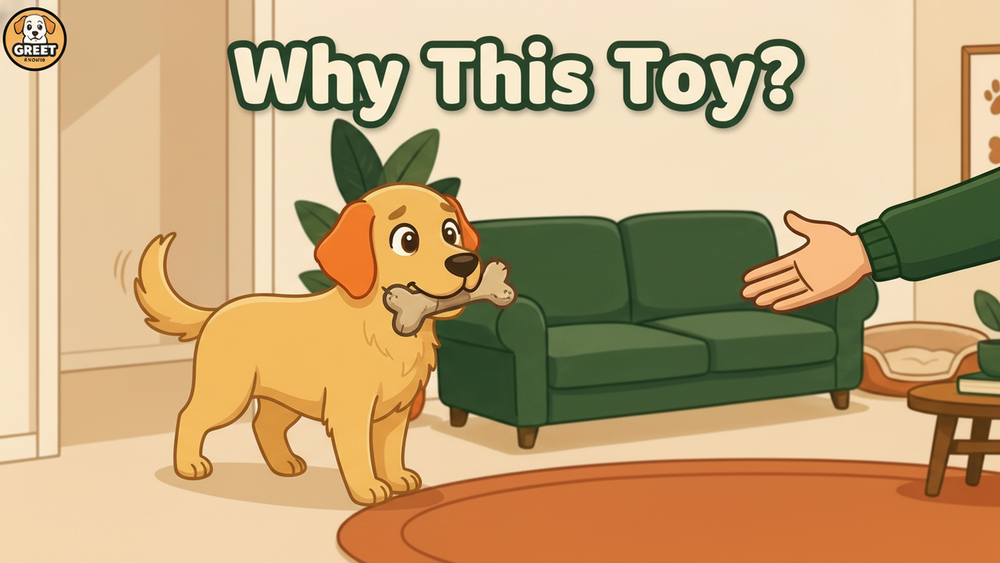 Dog holding toy in mouth, looking up at owner’s hand, warm living room scene