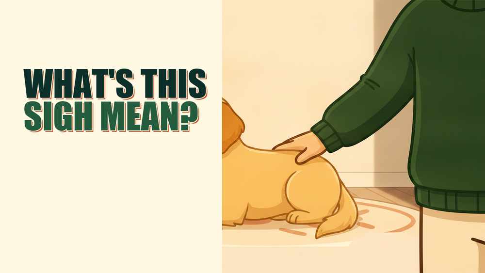 Milo the golden-yellow dog sighing on a cream rug, owner's hand gently reaching toward him, cozy living room.