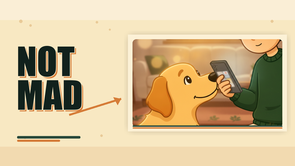 Milo the dog peeking around a doorway with soulful eyes, watching the owner pet another dog or hold a phone, subtle green aura for jealousy