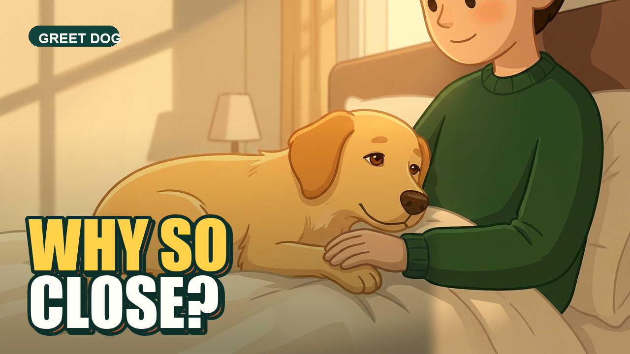 Dog sleeping pressed against owner in bed, both paws touching, warm lighting