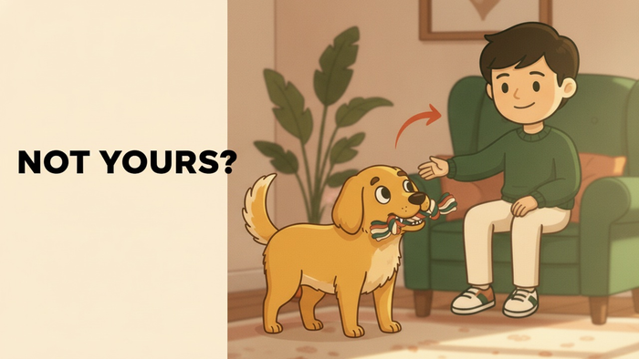 Golden dog with soulful eyes holding toy in mouth, looking up at owner's hand in cozy living room