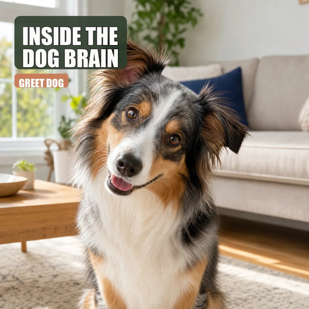 Bright closeup of a curious dog with a playful head tilt on a sunny living room floor.