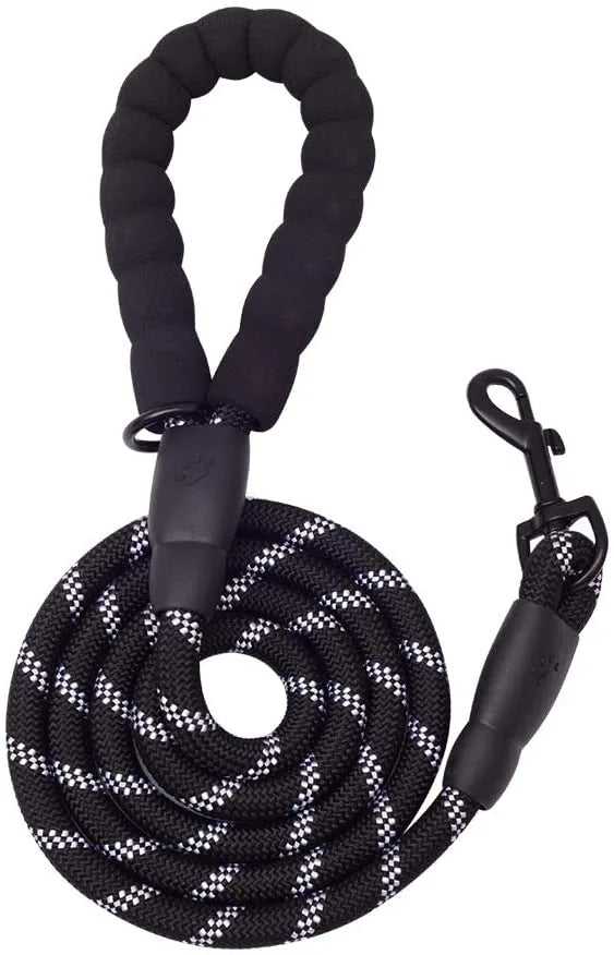 5 FT thick black dog leash with padded handle and reflective threading for visibility during walks. Durable metal clasp in...