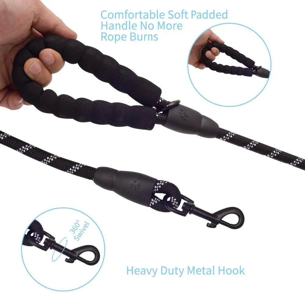 Thick black dog leash with a padded handle, reflective threading, and a durable metal hook for easy control.