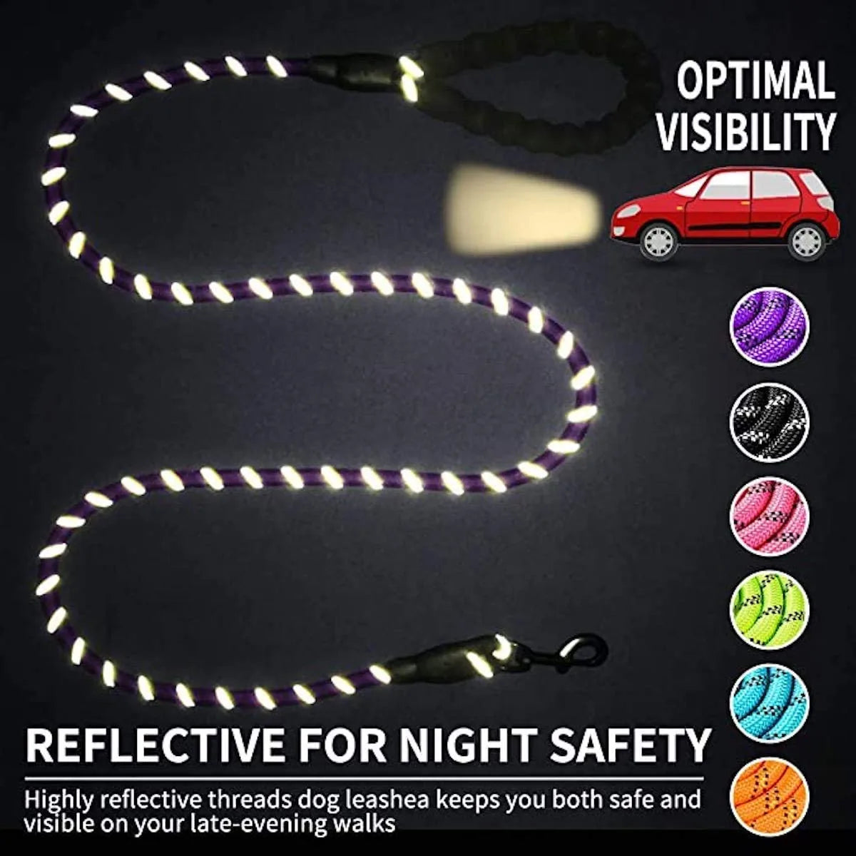 Reflective black dog leash featuring a padded handle and durable clasp, enhancing safety for evening walks.