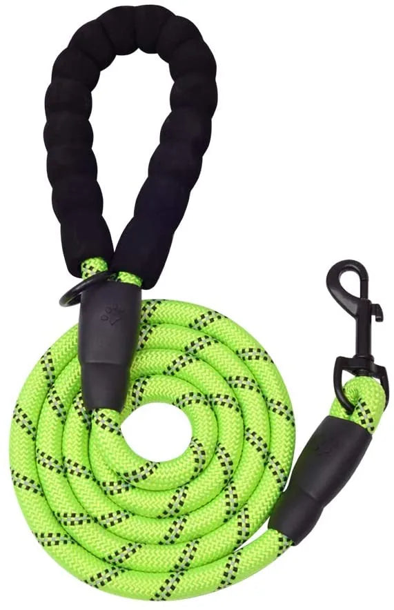 Thick green dog leash with padded handle, strong nylon rope, and durable clasp for comfort and control during walks.