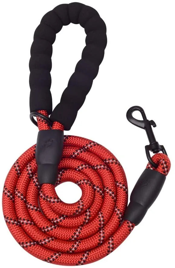 Thick red dog leash with black padded handle and durable metal clasp, designed for walking and training.