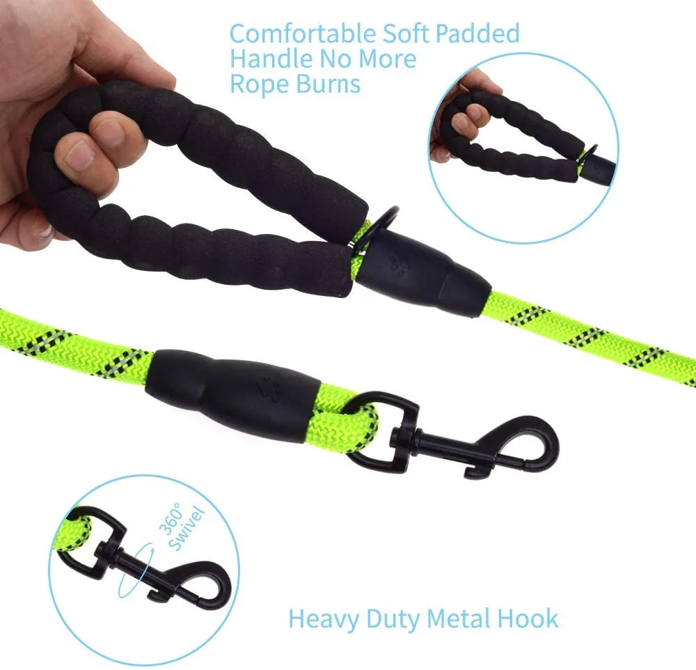 Thick green dog leash with a padded black handle and durable metal clasp, featuring reflective threading for visibility.