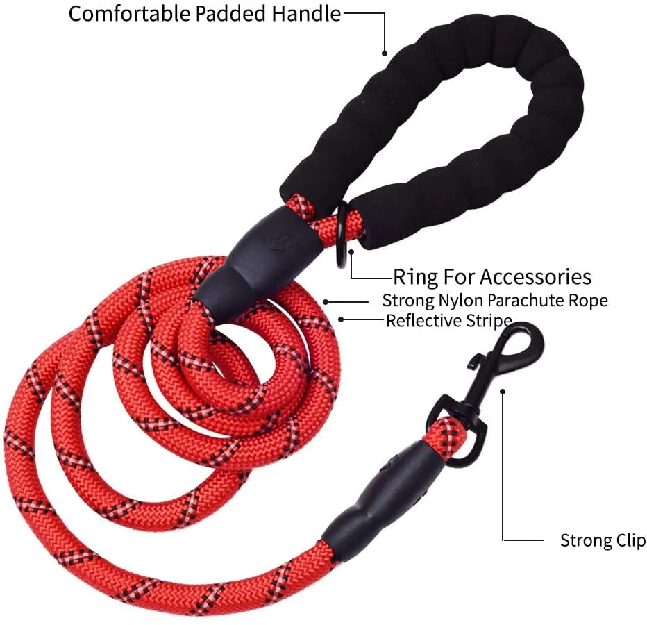 Thick red nylon dog leash with a padded handle, reflective stripe, and strong clip, ideal for walking and training.