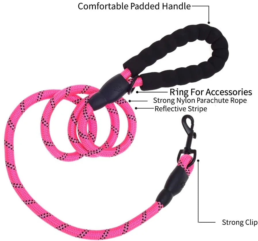 5 ft pink reflective dog leash made of durable nylon rope, featuring a padded handle and strong metal clasp.