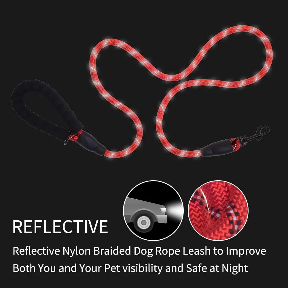 Red reflective dog leash with padded handle, made of durable nylon, ideal for nighttime walks and training.