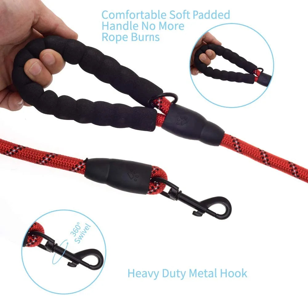 Thick red dog leash with a padded handle and heavy-duty metal hook, featuring reflective threading for visibility.