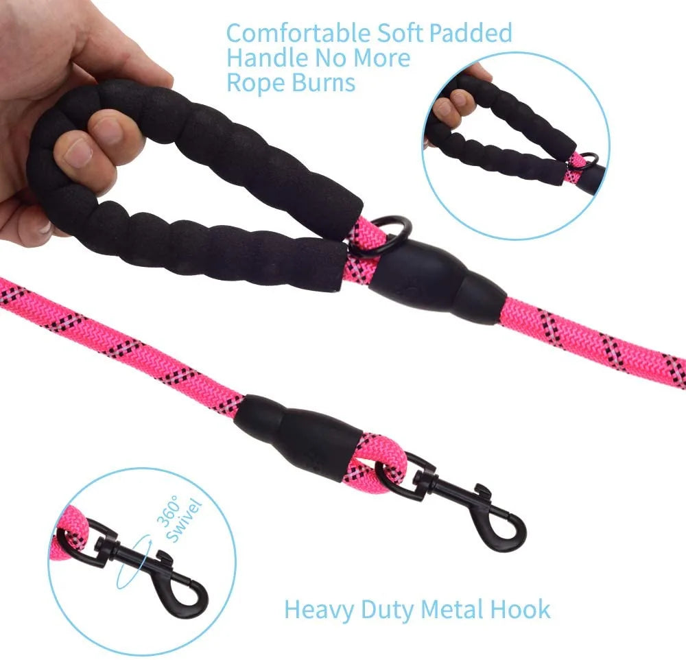 Thick pink nylon dog leash with a padded black handle and durable metal clasp for comfort and control during walks.