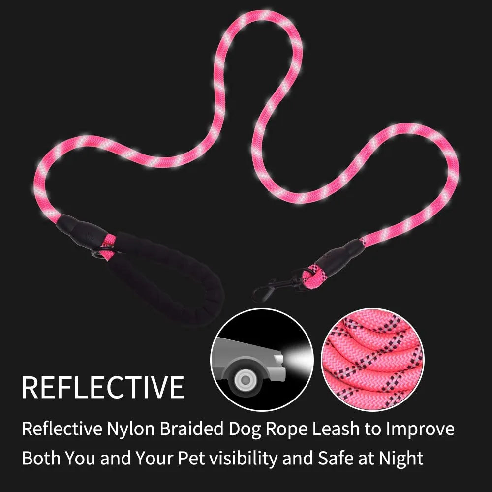 6-foot pink reflective dog leash with padded handle, made from durable nylon climbing rope for medium and large dogs.