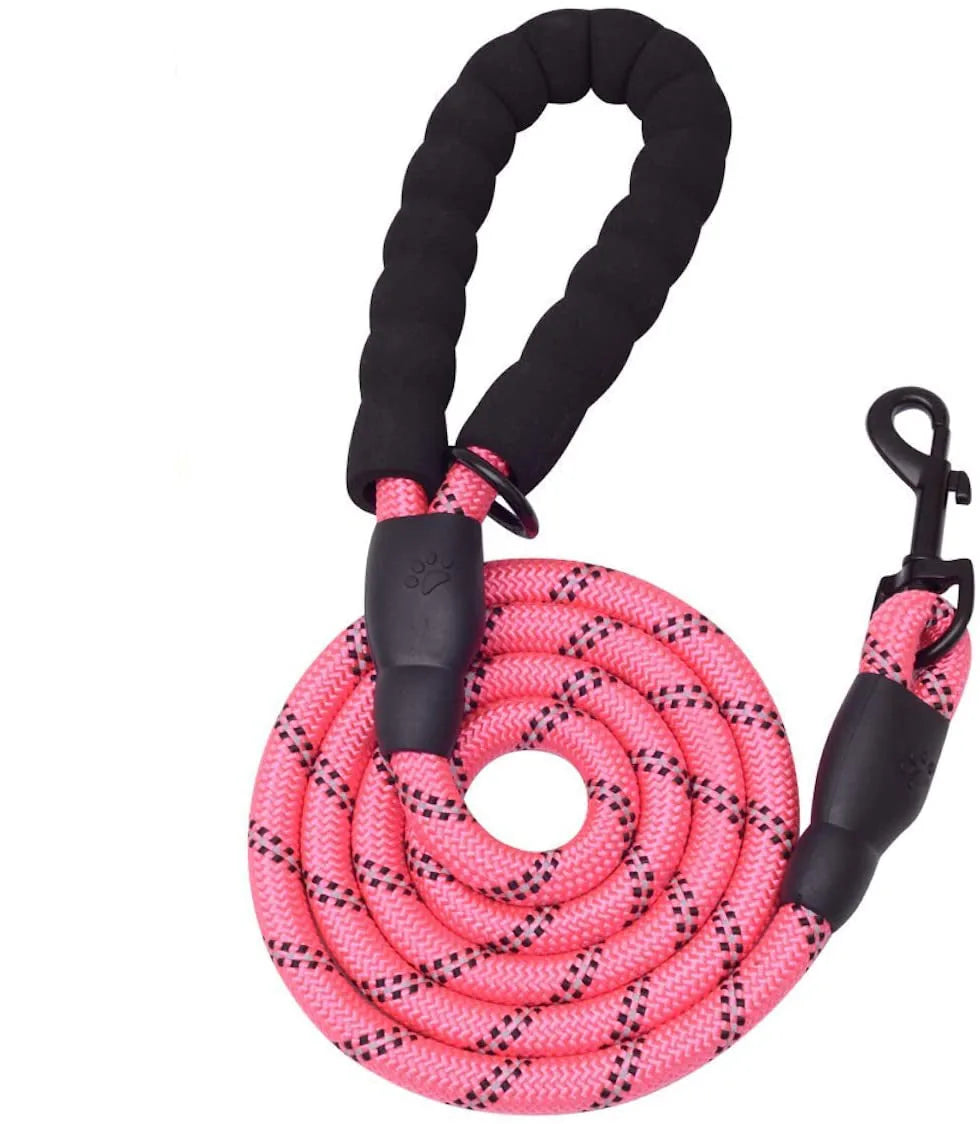 6-foot pink dog leash made from durable nylon with padded handle and reflective stitching for visibility during walks.