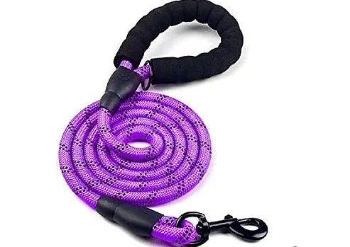 6 FT purple dog leash made of strong nylon rope, featuring a padded black handle and reflective strips for visibility.