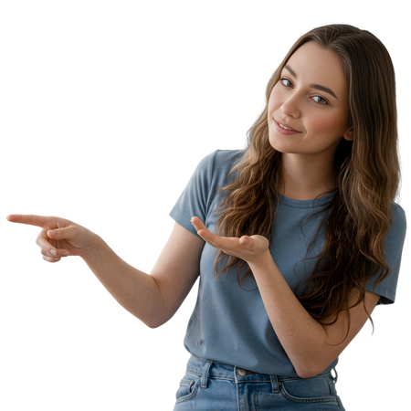 Woman in a blue shirt and jeans pointing to the side on a white background